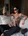 ROVENTE Leopard Beaded Handkerchief Camisole Top