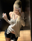 Rase le sol Sheer Ribbed Deep-V Long Sleeve Top