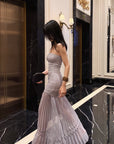 Hydrae Strapless Ruched Pleated Mesh Maxi Dress