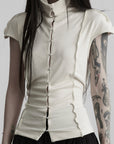 DOINDULGE Mock Neck Button Front Knit Top