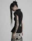 DOINDULGE Stand Collar Cap Sleeve Peplum Top