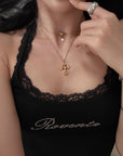 ROVENTE Rhinestone Logo Lace Trim Tank Top