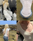 Rase le sol 투어 프린트 비대칭 브이넥 슬림 티셔츠