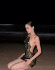 ROVENTE Open-Back Sequin Halter Mini Dress
