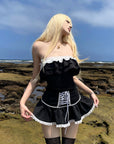 Rase le sol Cross-Laced Ruffle Strapless Top & Layered Lace Mini Skirt Set
