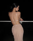 ROVENTE Embellished Lace Open Back Ruched Mesh Maxi Dress