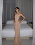 ROVENTE Embellished Lace Open Back Ruched Mesh Maxi Dress