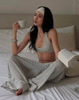 ROVENTE Sheer Drape Off-Shoulder Top & Striped Halter Bra Set