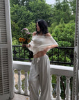 ROVENTE Sheer Drape Off-Shoulder Top & Striped Halter Bra Set