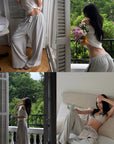 ROVENTE Sheer Drape Off-Shoulder Top & Striped Halter Bra Set
