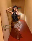 Hydrae Leopard Print Sheer Ruffle Mini Skirt with Metallic Texture and Flared Silhouette