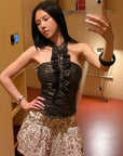 Hydrae Leopard Print Sheer Ruffle Mini Skirt with Metallic Texture and Flared Silhouette