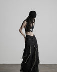 DOINDULGE Low-Rise Frayed Denim Maxi Skirt