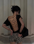 ROVENTE Beaded Open Back Draped Top