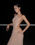 ROVENTE Embellished Lace Open Back Ruched Mesh Maxi Dress