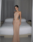ROVENTE Embellished Lace Open Back Ruched Mesh Maxi Dress