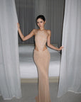 ROVENTE Embellished Lace Open Back Ruched Mesh Maxi Dress
