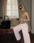 0122stepll Contrast Stitch Wide Leg Denim Pants