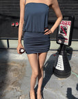 Hydrae Strapless Ruched Blouson Mini Dress with Open Back Tie
