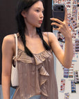 Hydrae Sheer Striped Ruffle Asymmetric Cami Top