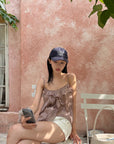 Hydrae Sheer Striped Ruffle Asymmetric Cami Top