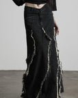 DOINDULGE Low-Rise Frayed Denim Maxi Skirt