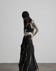 DOINDULGE Low-Rise Frayed Denim Maxi Skirt
