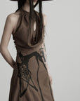 DOINDULGE Halter Cowl Neck Embroidered Maxi Dress