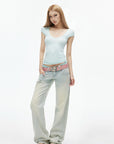 IAMXIAA Soft Stretch V-Neck Body-Hugging Cap Sleeve Top