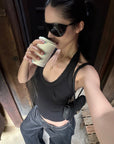 ROVENTE Khaki Halter Tie Ribbed Tank Top