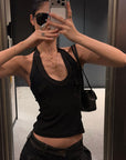 ROVENTE Khaki Halter Tie Ribbed Tank Top