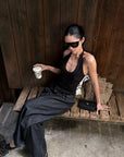 ROVENTE Khaki Halter Tie Ribbed Tank Top