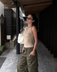 ROVENTE Khaki Halter Tie Ribbed Tank Top