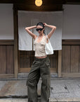 ROVENTE Khaki Halter Tie Ribbed Tank Top