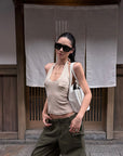 ROVENTE Khaki Halter Tie Ribbed Tank Top