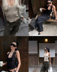 ROVENTE Khaki Halter Tie Ribbed Tank Top