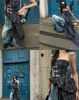 WARDEN EDGE Plaid Graphic Asymmetrical Draped Corset Top