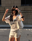 ROVENTE Layered Lace Bralette and Deep V Draped Graphic Tee Two-Piece Set