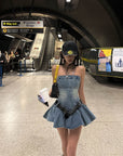 WARDEN EDGE Denim Corset Mini Dress with Flared Hem