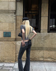 Rase le sol Dark Washed Flare Denim Pants with Slim Fit and Extended Bell Bottom Silhouette