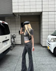 Rase le sol Dark Washed Flare Denim Pants with Slim Fit and Extended Bell Bottom Silhouette