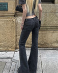 Rase le sol Dark Washed Flare Denim Pants with Slim Fit and Extended Bell Bottom Silhouette