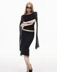 IAMXIAA Sheer Ribbed Knit Cape Sleeve Open Back Cropped Top