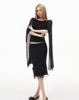 IAMXIAA Layered Tulle Ruffle Hem Low Rise Bodycon Midi Skirt