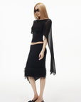IAMXIAA Sheer Ribbed Knit Cape Sleeve Open Back Cropped Top