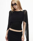 IAMXIAA Sheer Ribbed Knit Cape Sleeve Open Back Cropped Top