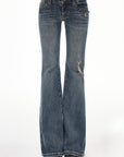 IAMXIAA Low-Rise Eyelet Pocket Distressed Flared Denim Jeans with Vintage Wash