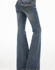 IAMXIAA Low-Rise Eyelet Pocket Distressed Flared Denim Jeans with Vintage Wash