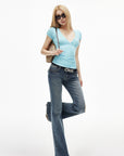IAMXIAA Low-Rise Eyelet Pocket Distressed Flared Denim Jeans with Vintage Wash