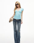 IAMXIAA Low-Rise Eyelet Pocket Distressed Flared Denim Jeans with Vintage Wash